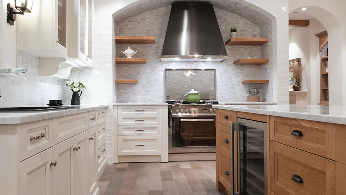 St. Martin Bellrose Rift White Oak & Simply White Kitchen Cabinets: Natural Elegance with Contemporary Accents